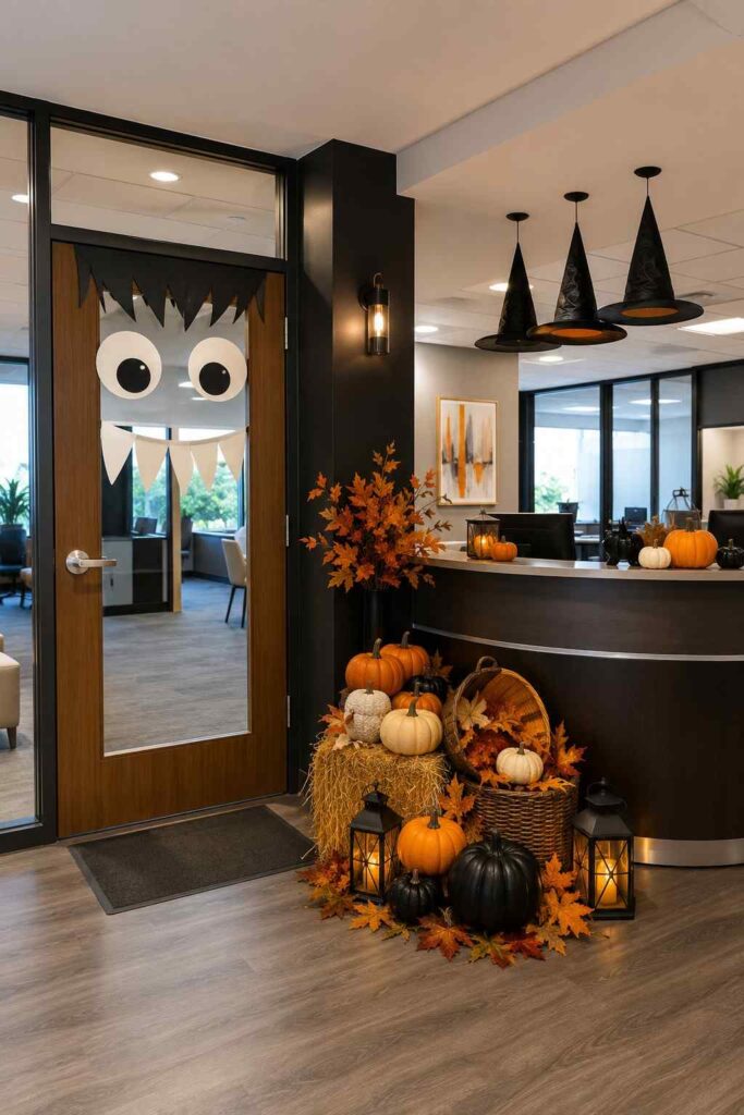 Top 22 Office Halloween Decorations for a Fun, Spooky Workplace 4 Halloween office entrance with monster door, pumpkin display, and hanging witch hats
