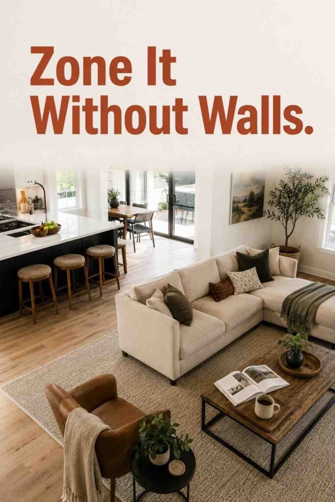 A large neutral area rug anchors a living room seating area next to an open kitchen island.