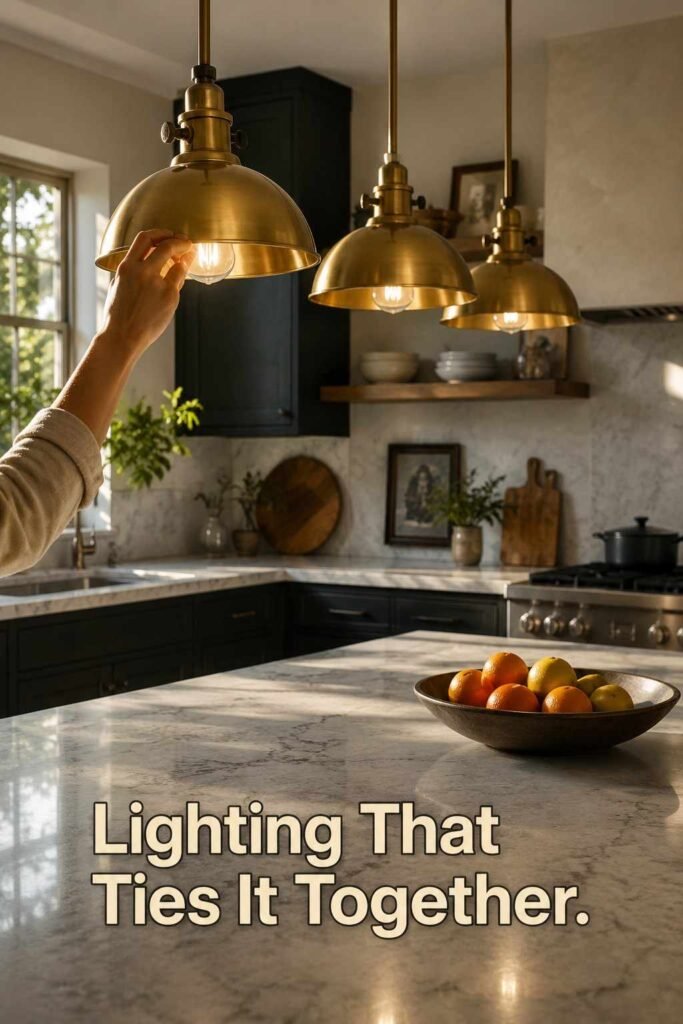 A hand adjusts a brass pendant light hanging above a marble kitchen island in an open-plan kitchen and living space.