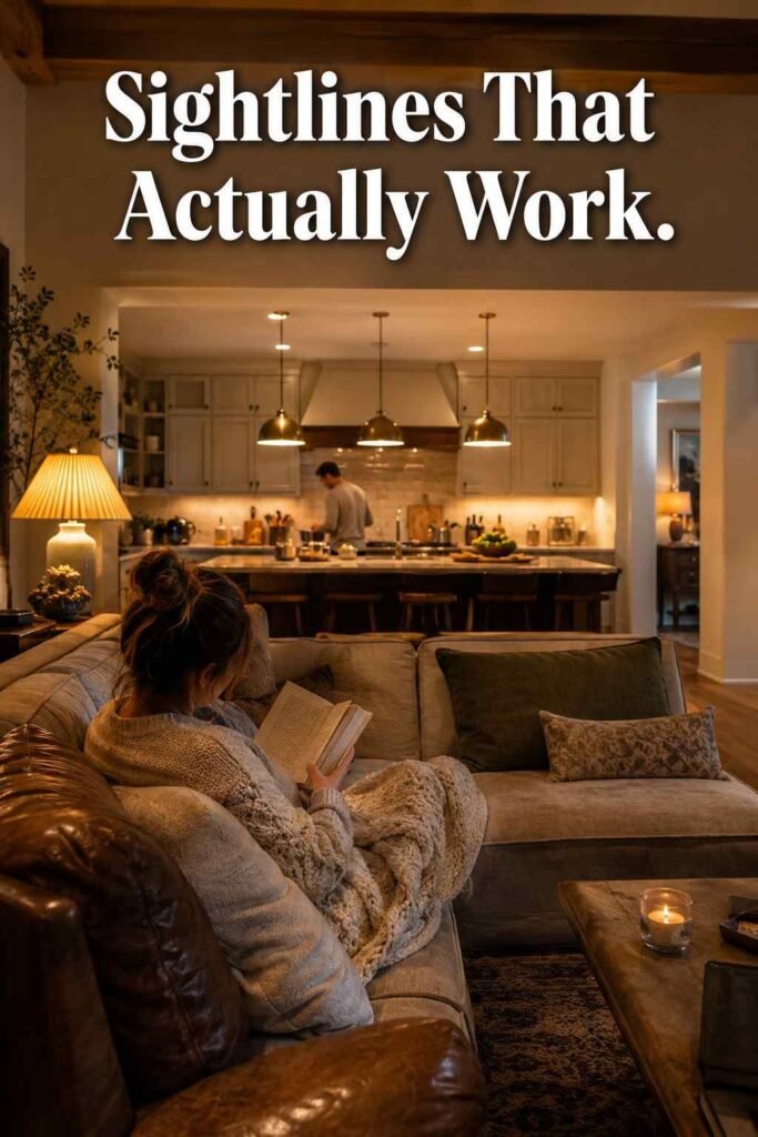 A person reads on a sectional sofa with a view of the open kitchen island where someone is cooking in the background.