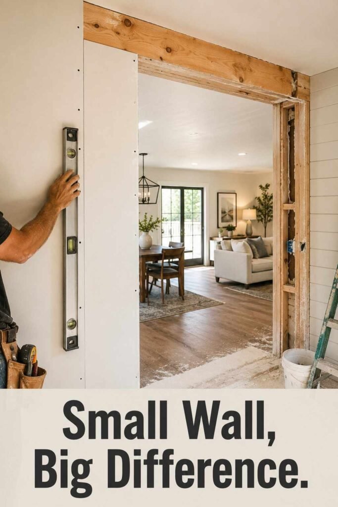 A contractor holds a level against a partially opened wall with an exposed support beam during an open concept kitchen renovation.