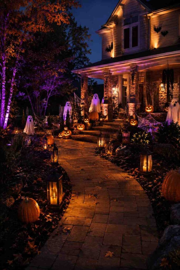 Top 20 Spooky Halloween Outdoor Ideas to Transform Your Yard This Fall 4 Orange pathway lanterns and purple uplighting creating a spooky Halloween yard