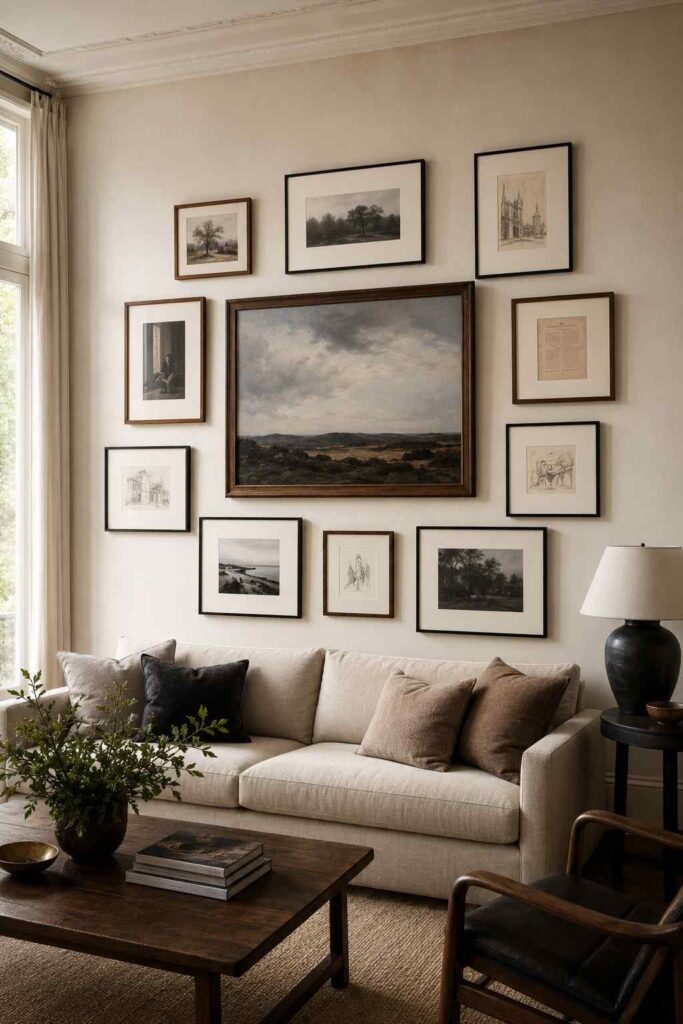 Top 15 Luxury Wall Decor Ideas for a Refined Home 2 Curated gallery wall with oversized artwork above a neutral living room sofa