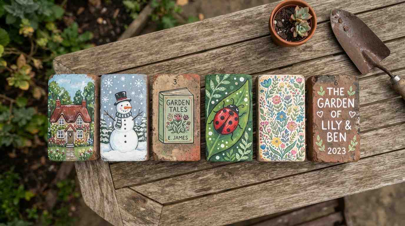 Collection of painted bricks crafts including house, snowman, and floral designs