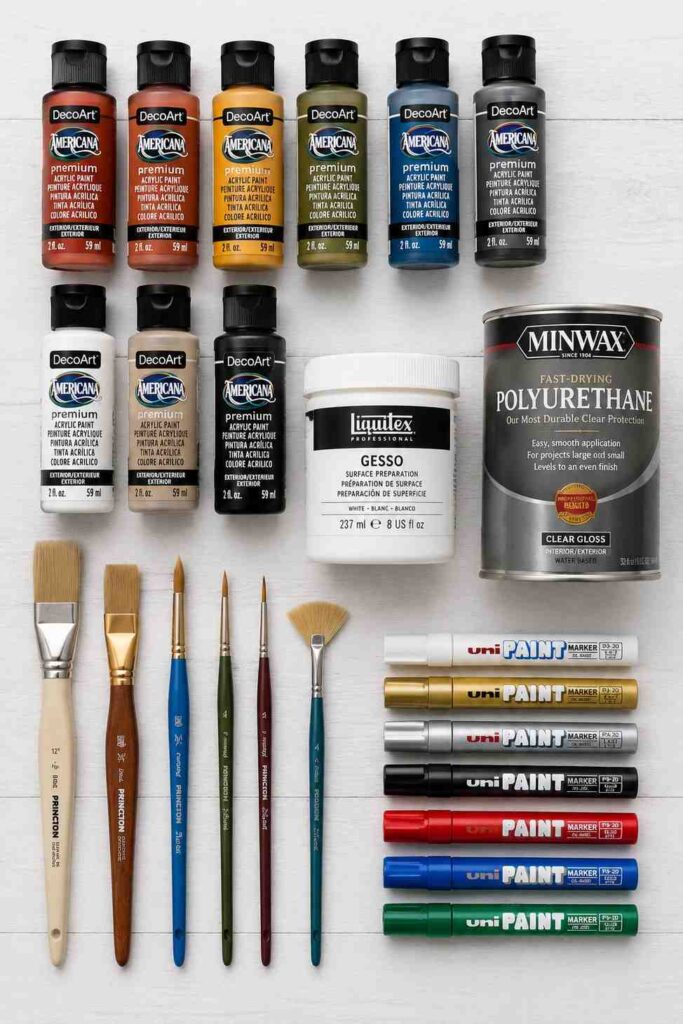 15+ Painted Brick Craft Ideas: The Complete Guide to Turning Old Bricks Into Beautiful Art 3 Paint, primer, brushes, and sealant supplies for painted bricks crafts