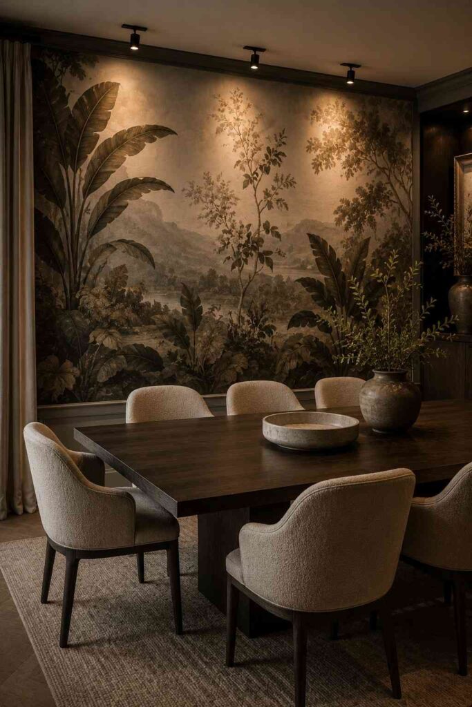 Top 15 Luxury Wall Decor Ideas for a Refined Home 7 Panoramic botanical mural illuminated by accent lighting in an elegant dining room