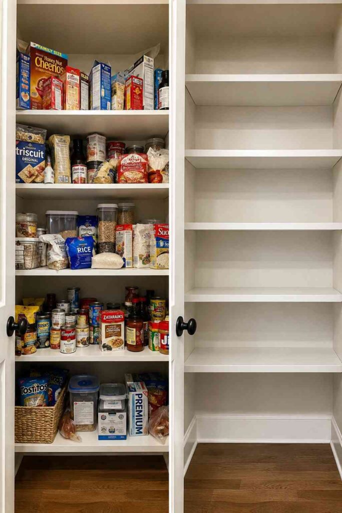 Top 26 Pantry Organization Ideas to Transform Your Kitchen Storage in 2026 3 Before and after of a cluttered pantry shelf being emptied for organization