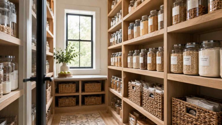 Organized walk-in pantry with labeled clear containers and wood shelving — pantry organization ideas