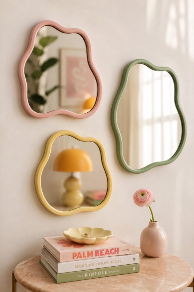 Top 15 Luxury Wavy Mirror Decor Ideas to Elevate Every Room in 2026 7 Pastel pink, sage, and yellow wavy mirrors styled together on a wall