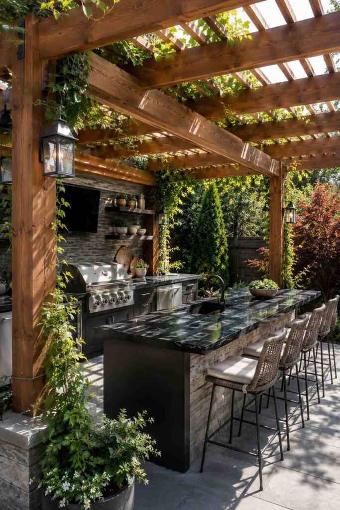12 Covered Outdoor Kitchen Ideas for a Backyard You'll Actually Use All Year 2 Pergola-covered outdoor kitchen with wood beams and grill island"