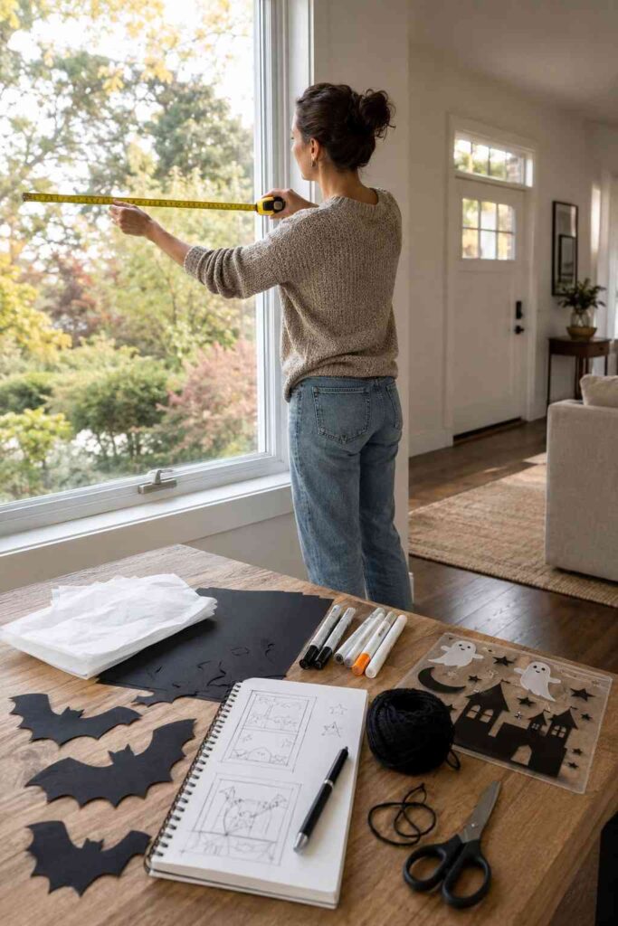Stunning 23 Halloween Window Decoration Ideas for a Spooky, Stylish Home 2 Homeowner measuring a window and organizing materials for a Halloween display