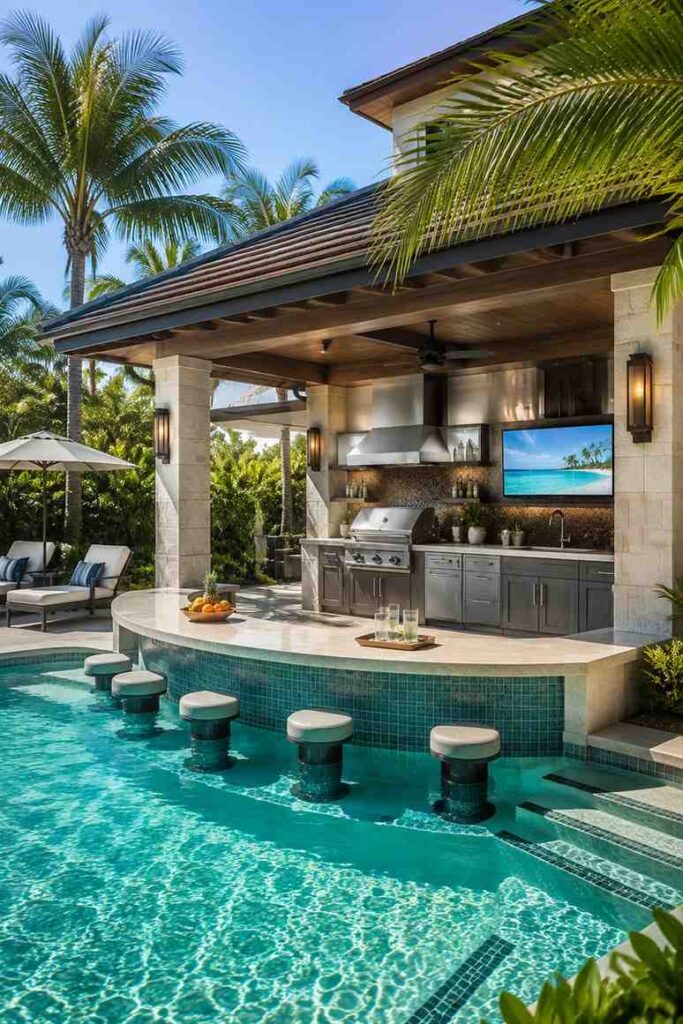 12 Covered Outdoor Kitchen Ideas for a Backyard You'll Actually Use All Year 5 Poolside cabana covered outdoor kitchen next to swimming pool