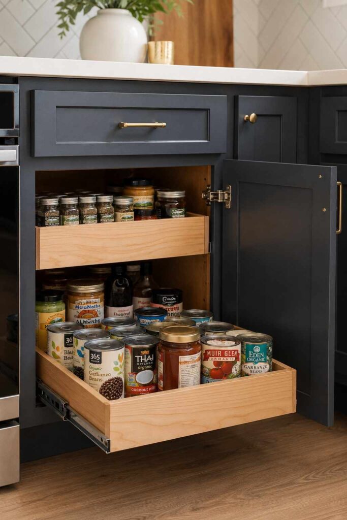 Top 26 Pantry Organization Ideas to Transform Your Kitchen Storage in 2026 5 Pull-out pantry drawer showing organized canned goods in a deep cabinet