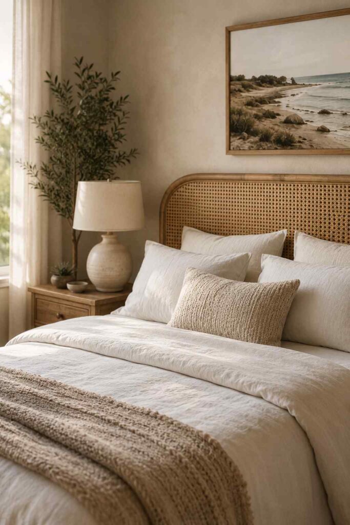 9 Coastal Bedroom Ideas for a Calm, Sunlit Retreat You'll Never Want to Leave 4 Rattan headboard styled with layered linen bedding in a coastal bedroom