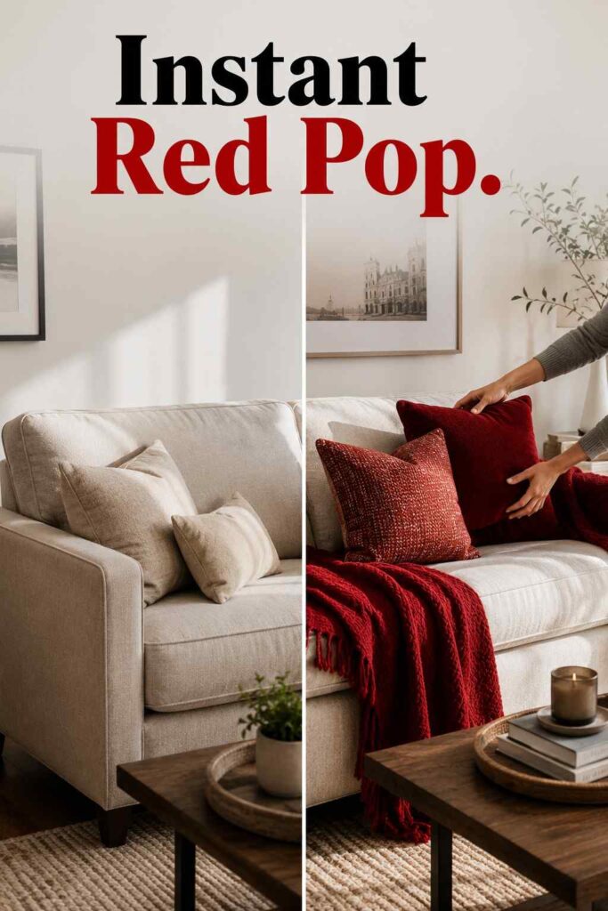 Warm 25 Red Christmas Living Room Ideas to Warm Up Your Home This Season 5 A before-and-after split image showing a plain beige sofa transformed with a red Christmas throw blanket and pillows.