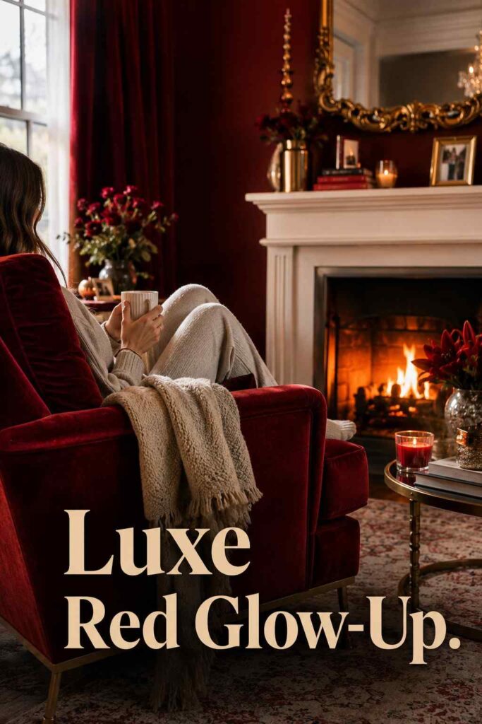 Warm 25 Red Christmas Living Room Ideas to Warm Up Your Home This Season 4 A woman curls up with a mug in a red velvet armchair beside a lit fireplace and gold mirror decorated for Christmas.