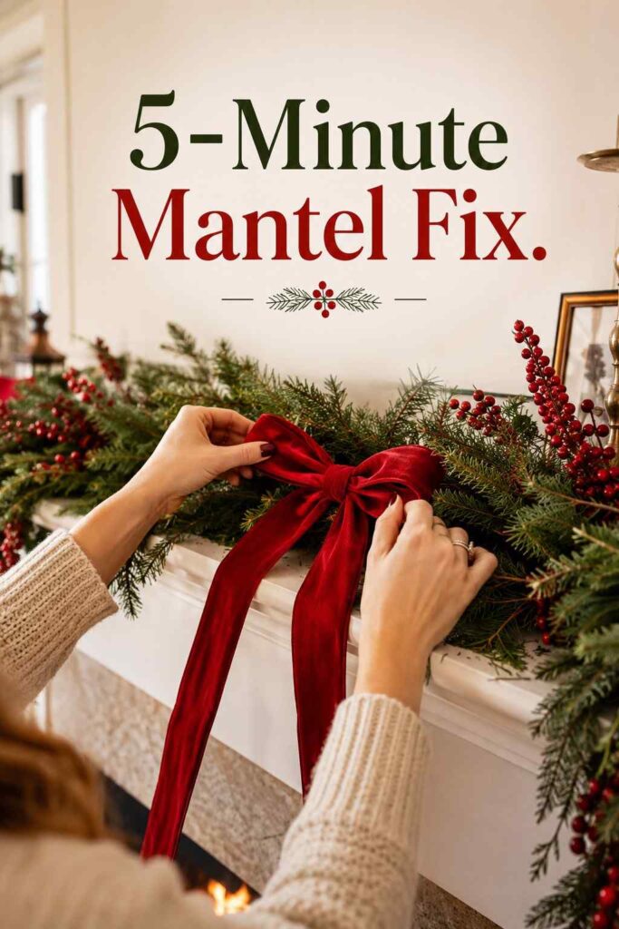 Warm 25 Red Christmas Living Room Ideas to Warm Up Your Home This Season 2 Hands tie red velvet ribbon into a pine and berry garland on a white fireplace mantel.