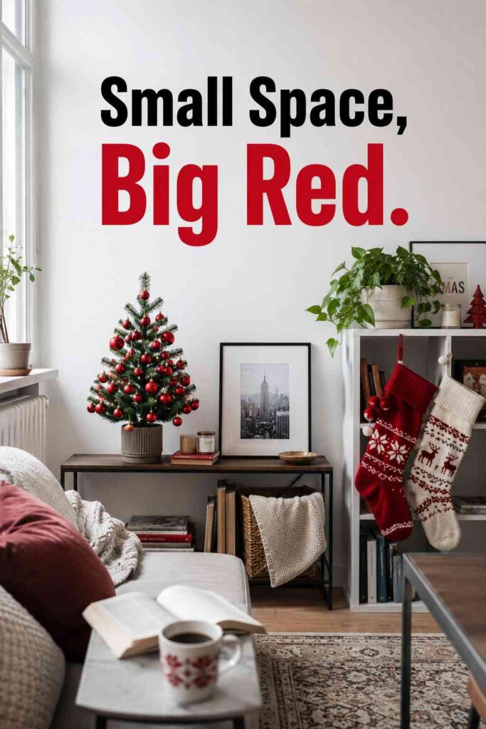 Warm 25 Red Christmas Living Room Ideas to Warm Up Your Home This Season 3 A small tabletop Christmas tree decorated with red ornaments sits on a console table beside knit stockings in a compact living room.