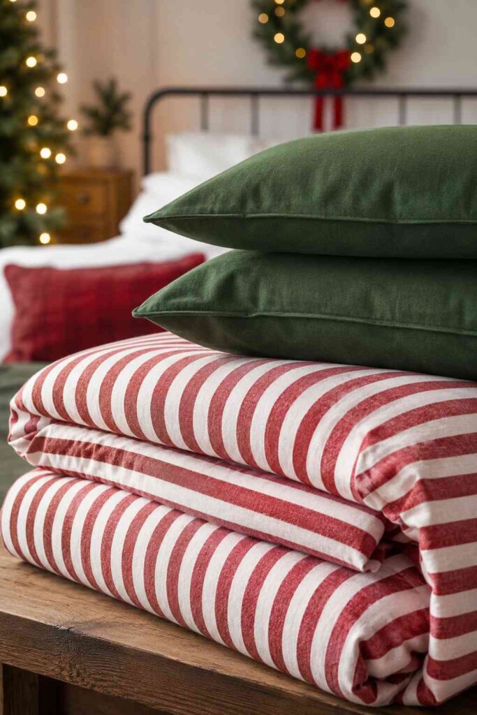 Top 9 Cozy Christmas Bedding Set Ideas to Transform Your Bedroom This Holiday Season 2 Red and white flannel cozy Christmas bedding set with green pillow shams