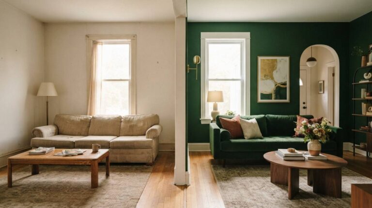 Before and after room makeover inspiration showing a living room transformation with a green accent wall