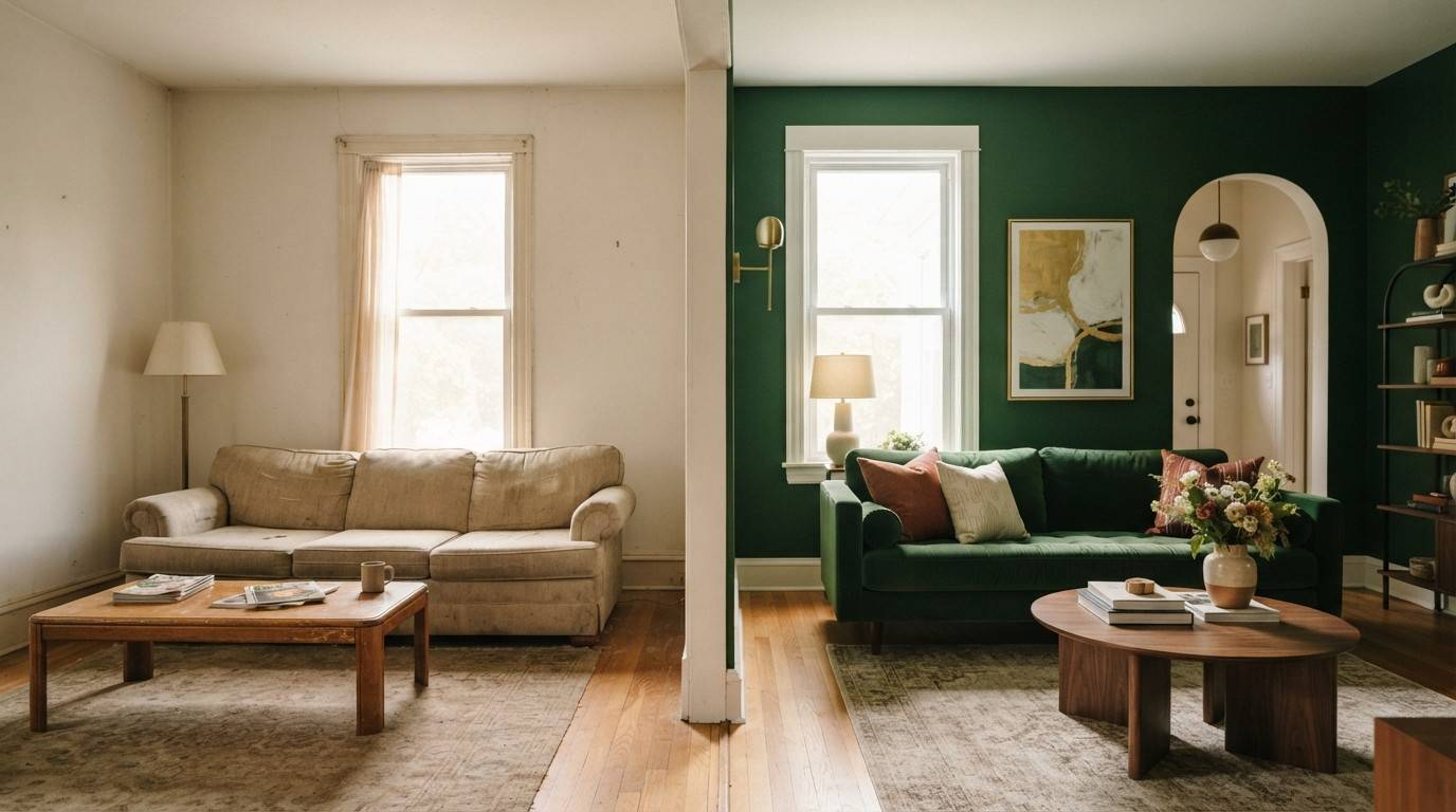 Before and after room makeover inspiration showing a living room transformation with a green accent wall