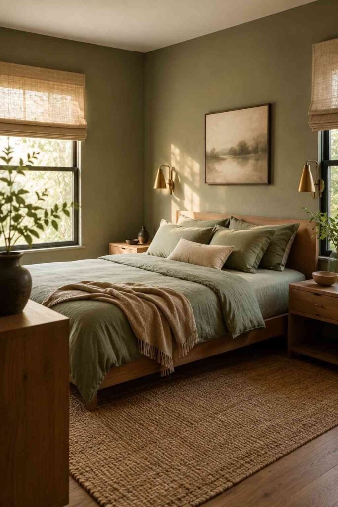 Top 15 Sage Green Bedroom Ideas for a Calm, Stylish Retreat (2026 Edition) 2 Corner view of sage green bedroom showing oak nightstand and jute rug against two walls.