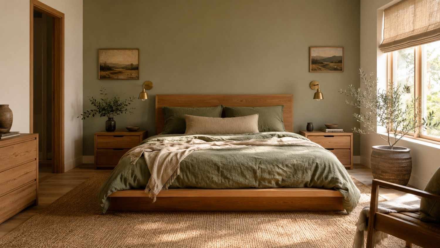 Warm minimalist sage green bedroom with oak platform bed and linen bedding in afternoon light.