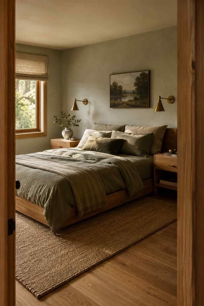 Top 15 Sage Green Bedroom Ideas for a Calm, Stylish Retreat (2026 Edition) 5 Sage green bedroom viewed through the doorway, showing full room layout and light