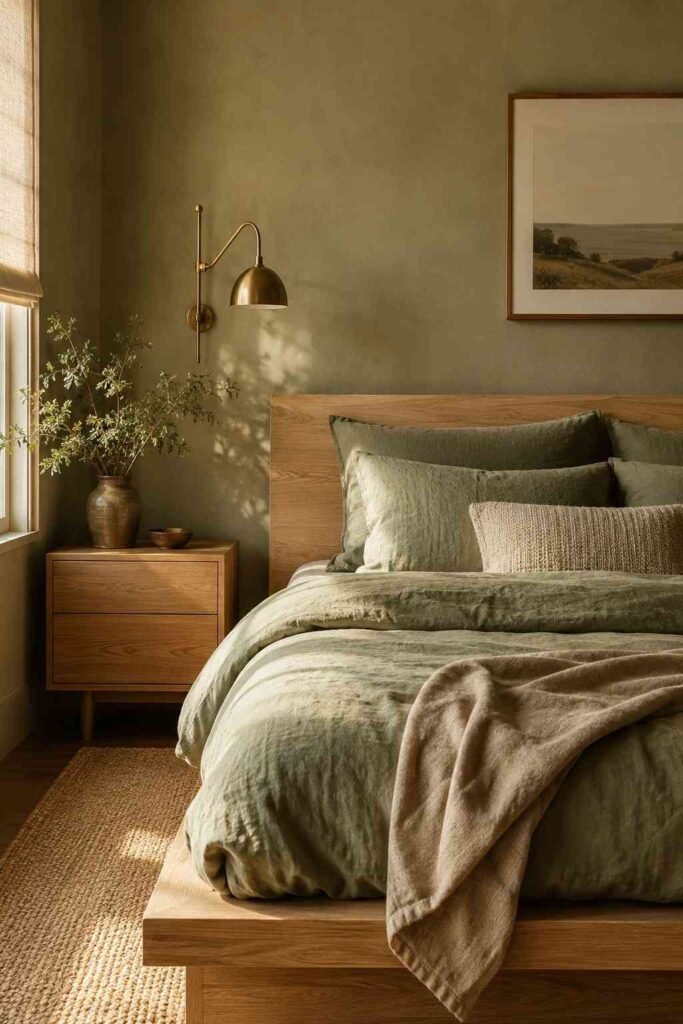 Top 15 Sage Green Bedroom Ideas for a Calm, Stylish Retreat (2026 Edition) 3 Styled vignette of sage green bedding and oak nightstand in a sage green bedroom.