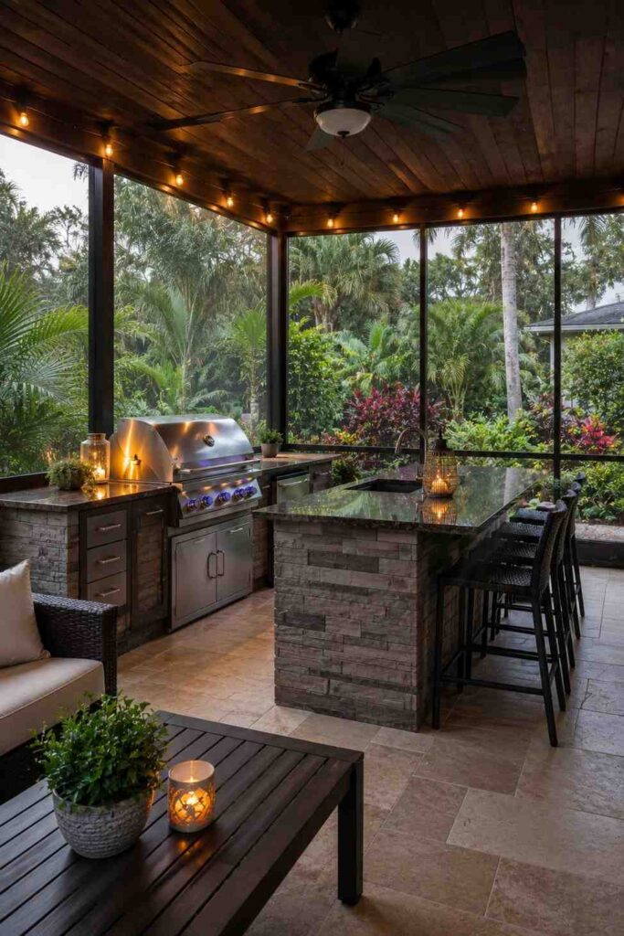 12 Covered Outdoor Kitchen Ideas for a Backyard You'll Actually Use All Year 4 Screened lanai covered outdoor kitchen with mesh walls