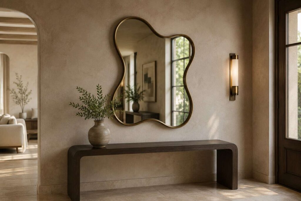 Top 15 Luxury Wall Decor Ideas for a Refined Home 3 Sculptural wavy mirror above a dark wood console in an elegant entryway