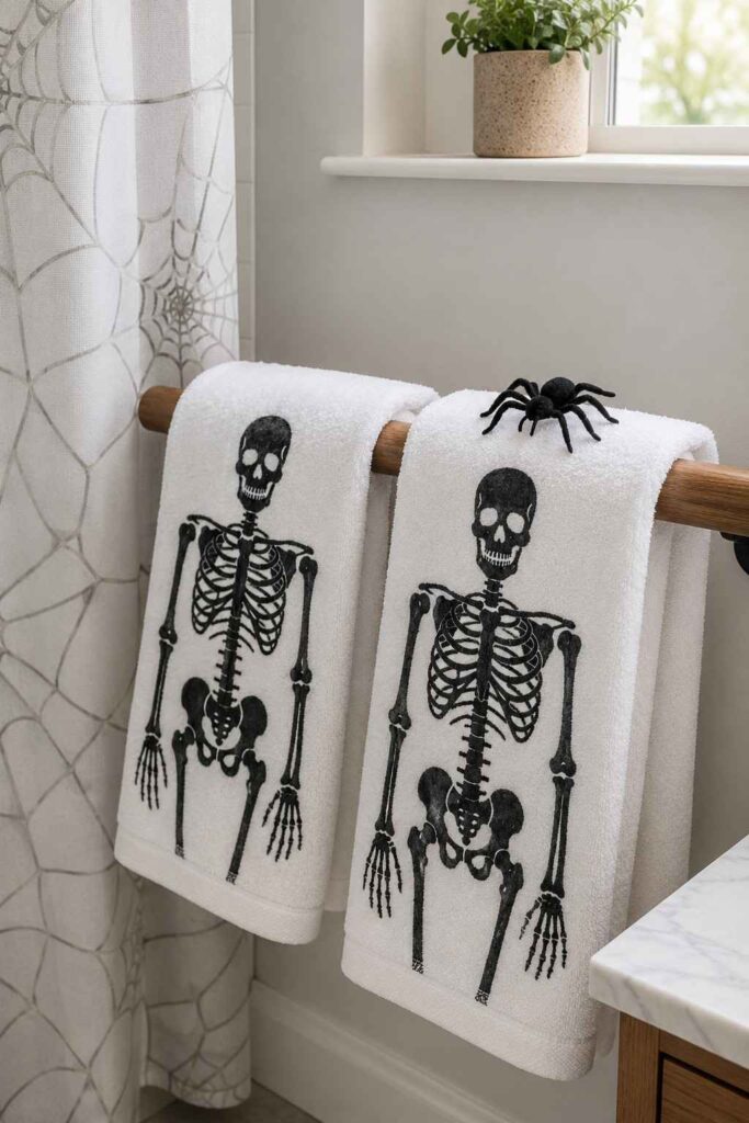 Creative 24 Bathroom Halloween Decor Ideas to Transform Your Space This Spooky Season 2 Skeleton print hand towels and spiderweb shower curtain as bathroom Halloween decor ideas