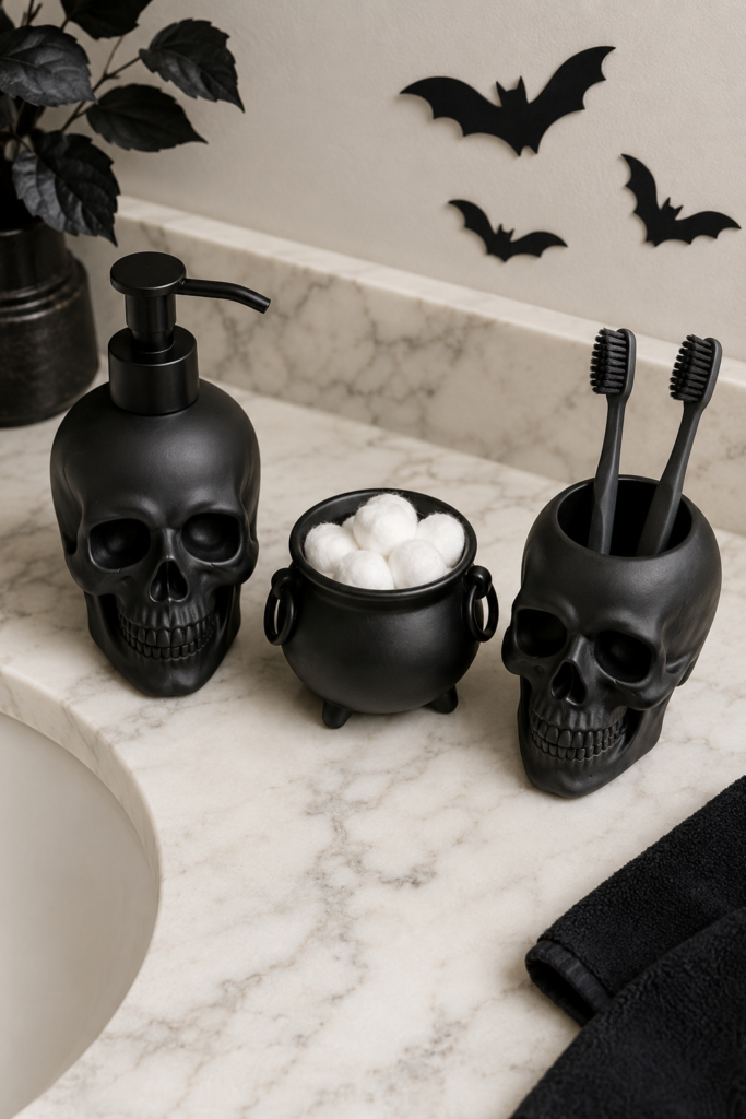 Creative 24 Bathroom Halloween Decor Ideas to Transform Your Space This Spooky Season 3 Skull soap dispenser and cauldron soap holder styled as bathroom Halloween decor ideas