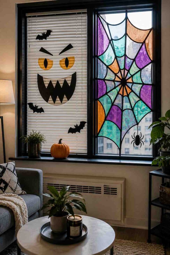 Stunning 23 Halloween Window Decoration Ideas for a Spooky, Stylish Home 6 Renter-friendly apartment window with monster blinds and a stained-glass spiderweb