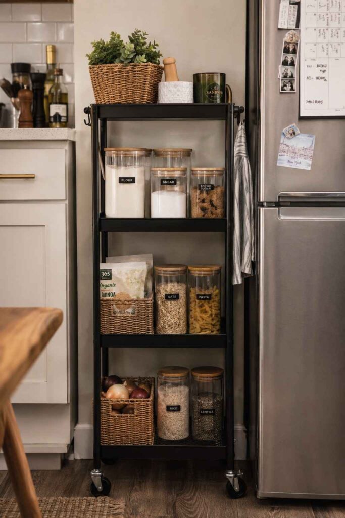 Top 26 Pantry Organization Ideas to Transform Your Kitchen Storage in 2026 6 Rolling cart used as a small-space pantry organization solution in an apartment
