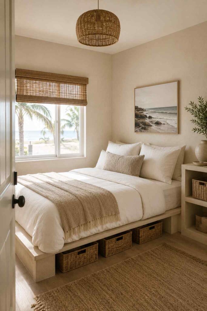 9 Coastal Bedroom Ideas for a Calm, Sunlit Retreat You'll Never Want to Leave 6 Small coastal bedroom with platform bed and woven storage baskets