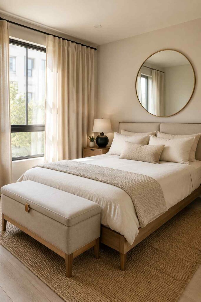 15 Cozy Neutral Bedroom Ideas for a Calm, Restful Retreat 6 Small neutral bedroom with slim bed frame, high-hung curtains, and mirror for light