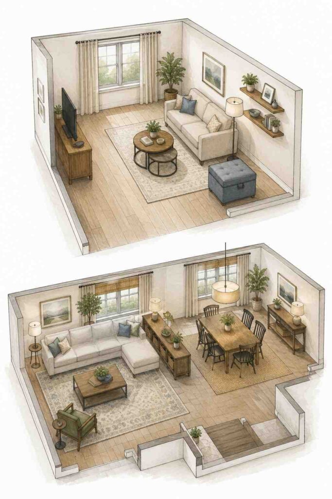 Top 24 Living Room Decor Drawing Ideas for Stylish, Practical Spaces 3 Small apartment and open-concept living room layout sketches