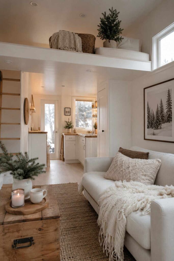 Top 10 Cozy White Winter Home Aesthetic Ideas to Transform Your Home This Season 6 Small living room styled with a cozy white winter home aesthetic to feel more open
