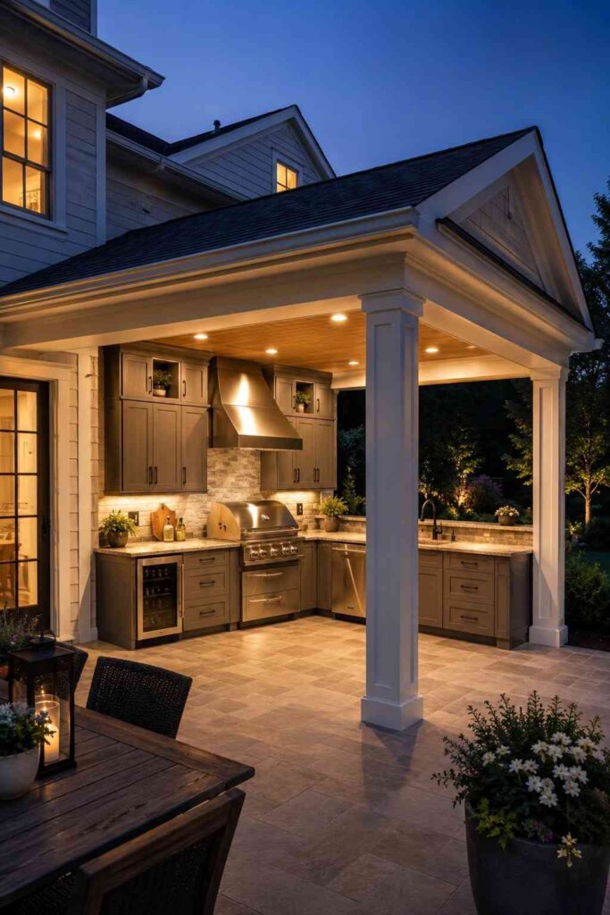 12 Covered Outdoor Kitchen Ideas for a Backyard You'll Actually Use All Year 3 Solid roof covered outdoor kitchen attached to home exterior