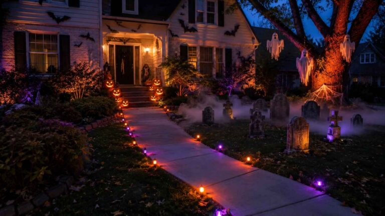 Spooky Halloween outdoor ideas with pumpkins, tombstones, ghosts, and glowing yard lights
