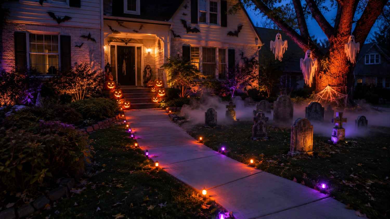 Spooky Halloween outdoor ideas with pumpkins, tombstones, ghosts, and glowing yard lights