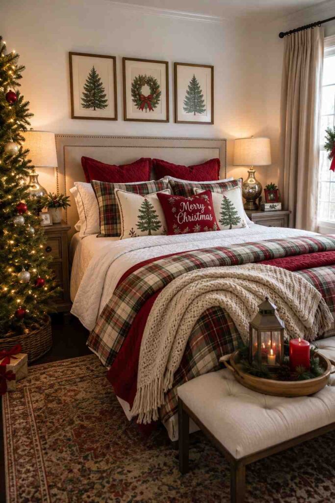 Top 9 Cozy Christmas Bedding Set Ideas to Transform Your Bedroom This Holiday Season 7 Fully styled bedroom featuring cozy Christmas bedding sets and matching wall decor