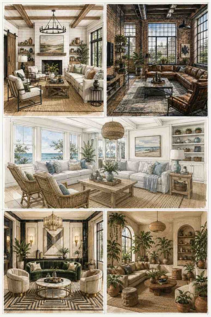 Top 24 Living Room Decor Drawing Ideas for Stylish, Practical Spaces 6 Farmhouse, industrial, coastal, Art Deco, and earth-tone living room drawings