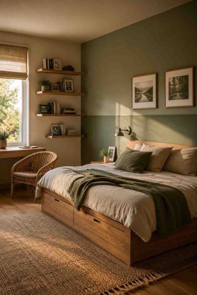 Corner view of sage green accent wall and oak floating shelves in a teen bedroom idea.