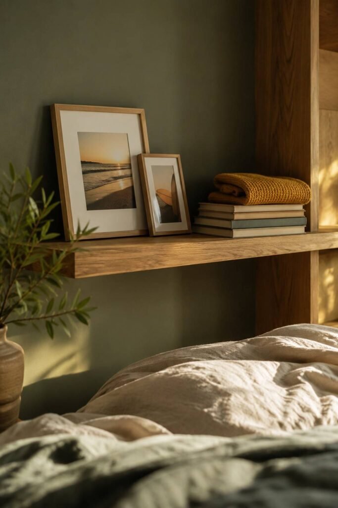 Close-up of oak floating shelf styling with framed photos in a sage green teen bedroom idea.