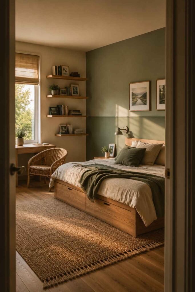 Teen bedroom idea framed through the doorway with sage green wall and oak furniture.