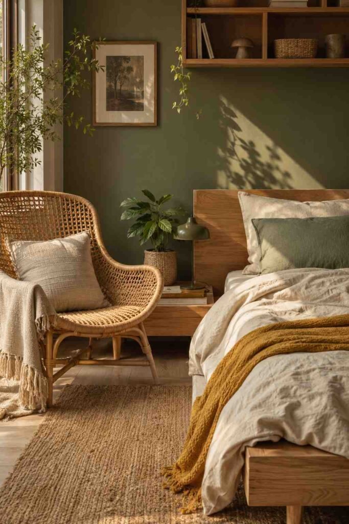 Rattan reading chair and layered linen bedding in a sage green teen bedroom idea.