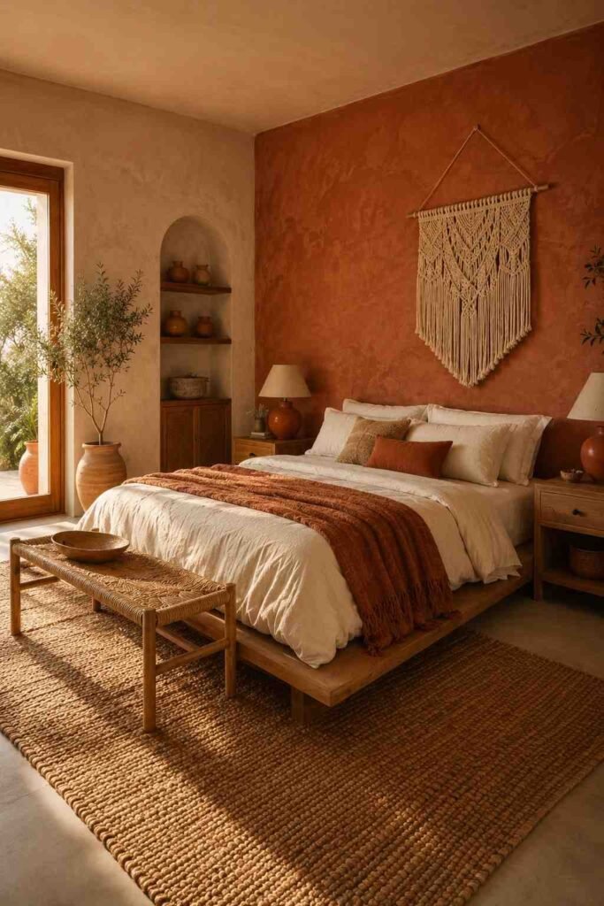 Trendy 20 Terracotta Bedroom Ideas to Create a Warm, Earthy Retreat 3 Corner view of a boho bedroom with terracotta walls, rattan bench, and macrame — a layered terracotta bedroom idea.