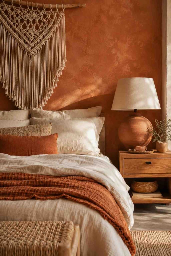 Trendy 20 Terracotta Bedroom Ideas to Create a Warm, Earthy Retreat 2 Close-up of linen bedding, a terracotta lamp base, and macrame knots — textured details from a terracotta bedroom idea.